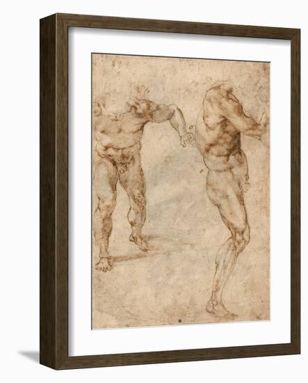 Two Nude Studies of a Man Storming Forward and Another Turning to the Right (Verso)-Michelangelo Buonarroti-Framed Giclee Print