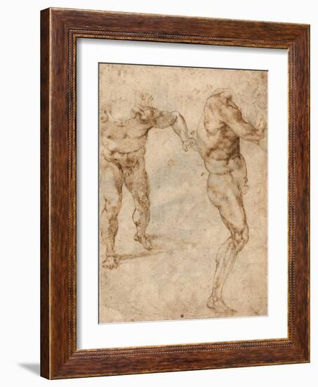 Two Nude Studies of a Man Storming Forward and Another Turning to the Right (Verso)-Michelangelo Buonarroti-Framed Giclee Print
