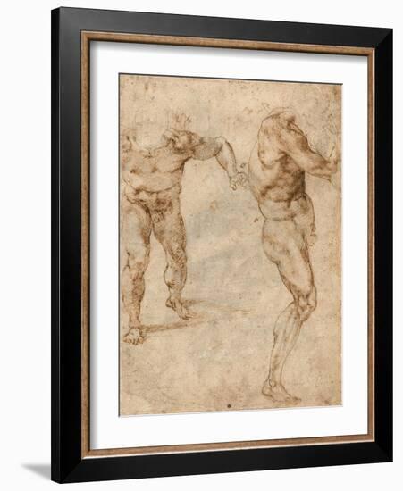 Two Nude Studies of a Man Storming Forward and Another Turning to the Right (Verso)-Michelangelo Buonarroti-Framed Giclee Print