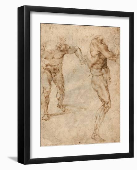 Two Nude Studies of a Man Storming Forward and Another Turning to the Right (Verso)-Michelangelo Buonarroti-Framed Giclee Print