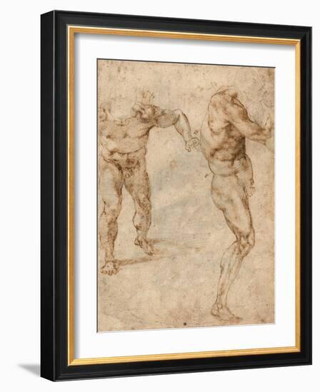 Two Nude Studies of a Man Storming Forward and Another Turning to the Right (Verso)-Michelangelo Buonarroti-Framed Giclee Print