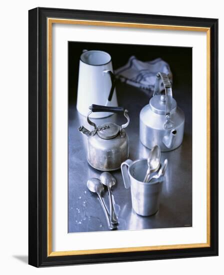 Two Old Kettles, Milk Jug, Measuring Jug and Spoons-Michael Paul-Framed Photographic Print