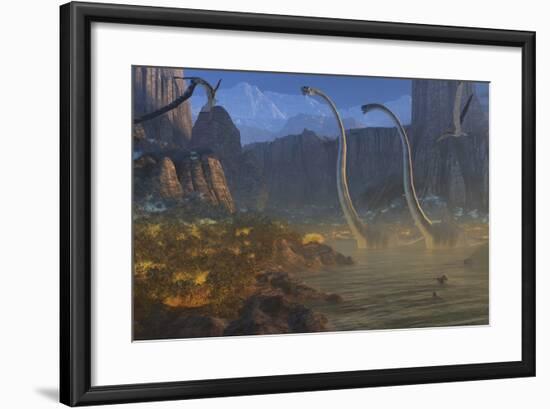 Two Omeisaurus Dinosaurs Crossing an Inlet with Flying Pterosaurs Flying Above-Stocktrek Images-Framed Art Print