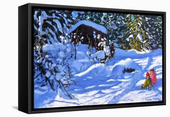 Two on a sledge,The Orchard,Morzine-Andrew Macara-Framed Premier Image Canvas