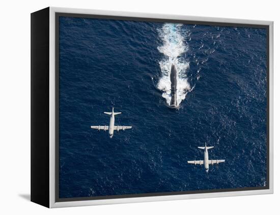 Two P-3 Orion Maritime Surveillance Aircraft Fly Over Attack Submarine USS Houston-Stocktrek Images-Framed Premier Image Canvas