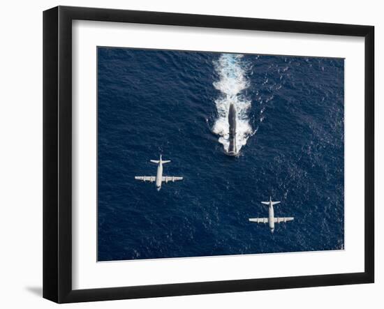 Two P-3 Orion Maritime Surveillance Aircraft Fly Over Attack Submarine USS Houston-Stocktrek Images-Framed Photographic Print
