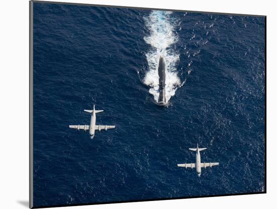 Two P-3 Orion Maritime Surveillance Aircraft Fly Over Attack Submarine USS Houston-Stocktrek Images-Mounted Photographic Print