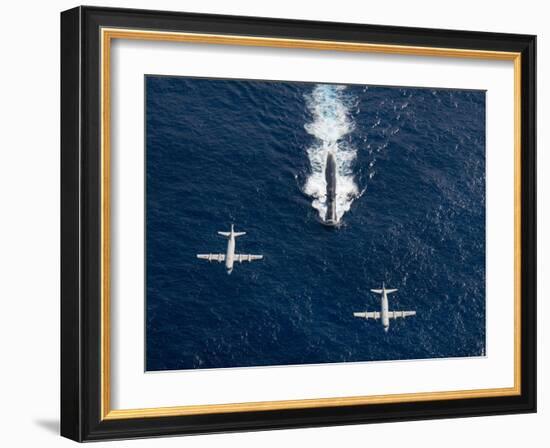 Two P-3 Orion Maritime Surveillance Aircraft Fly Over Attack Submarine USS Houston-Stocktrek Images-Framed Photographic Print