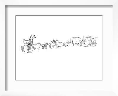 'Two-page drawing showing pairs of animals in line to the ark with two snai…  - New Yorker Cartoon' Premium Giclee Print - Mischa Richter | Art.com