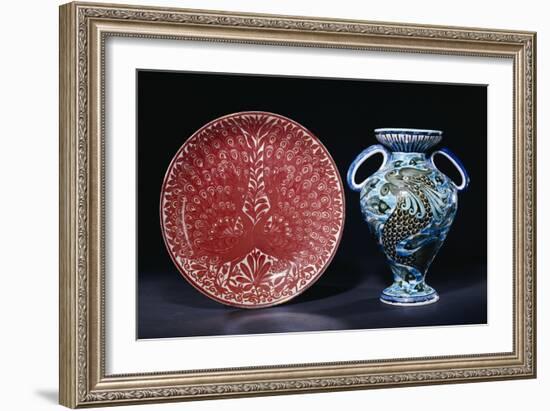 Two Peacocks in Full Show, 1885-1892, and a "Persian" Two Handled Vase, 1888-1898-William De Morgan-Framed Giclee Print