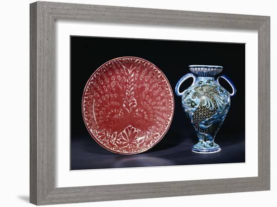 Two Peacocks in Full Show, 1885-1892, and a "Persian" Two Handled Vase, 1888-1898-William De Morgan-Framed Giclee Print