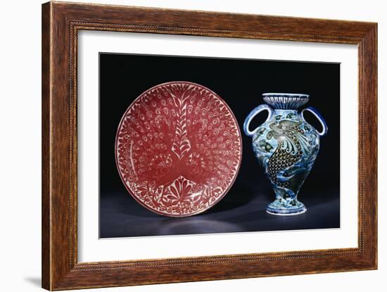 Two Peacocks in Full Show, 1885-1892, and a "Persian" Two Handled Vase, 1888-1898-William De Morgan-Framed Giclee Print