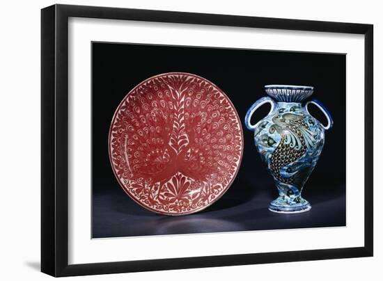 Two Peacocks in Full Show, 1885-1892, and a "Persian" Two Handled Vase, 1888-1898-William De Morgan-Framed Giclee Print