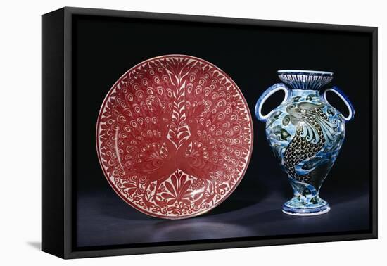 Two Peacocks in Full Show, 1885-1892, and a "Persian" Two Handled Vase, 1888-1898-William De Morgan-Framed Premier Image Canvas