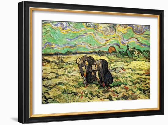 Two Peasant Women Digging in Field with Snow-Vincent van Gogh-Framed Art Print