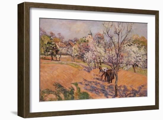 Two Peasants Sowing Haricots in an Orchard in Blossom-Armand Guillaumin-Framed Giclee Print