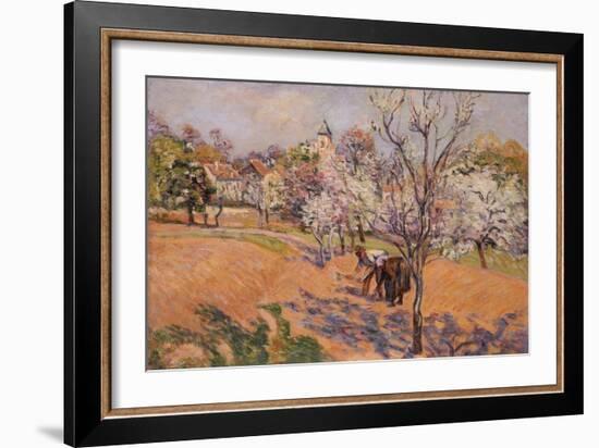 Two Peasants Sowing Haricots in an Orchard in Blossom-Armand Guillaumin-Framed Giclee Print