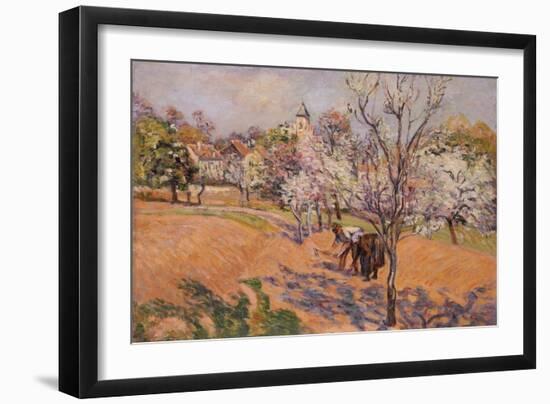 Two Peasants Sowing Haricots in an Orchard in Blossom-Armand Guillaumin-Framed Giclee Print