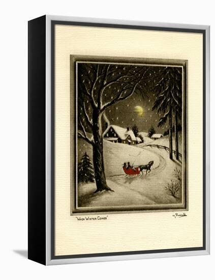 Two People in Horsedrawn Sleigh on Snowy Landscape-null-Framed Stretched Canvas