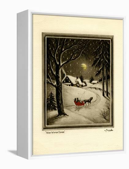 Two People in Horsedrawn Sleigh on Snowy Landscape-null-Framed Stretched Canvas