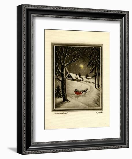 Two People in Horsedrawn Sleigh on Snowy Landscape-null-Framed Premium Giclee Print