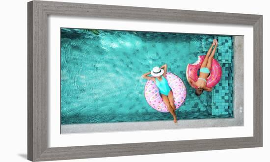 Two People (Mom and Child) Relaxing on Donut Lilo in the Pool at Private Villa. Summer Holiday Idyl-Alena Ozerova-Framed Photographic Print