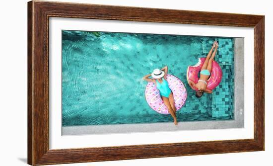 Two People (Mom and Child) Relaxing on Donut Lilo in the Pool at Private Villa. Summer Holiday Idyl-Alena Ozerova-Framed Photographic Print