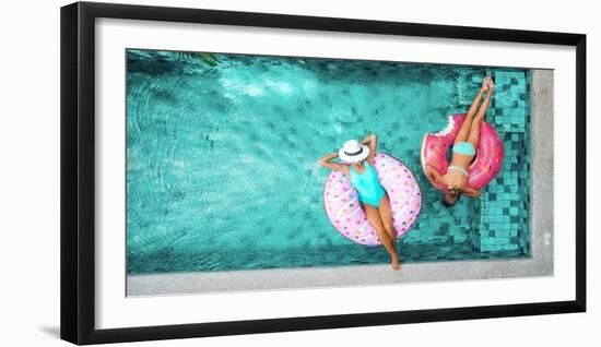 Two People (Mom and Child) Relaxing on Donut Lilo in the Pool at Private Villa. Summer Holiday Idyl-Alena Ozerova-Framed Photographic Print