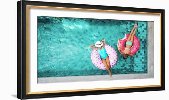 Two People (Mom and Child) Relaxing on Donut Lilo in the Pool at Private Villa. Summer Holiday Idyl-Alena Ozerova-Framed Photographic Print