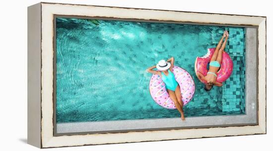 Two People (Mom and Child) Relaxing on Donut Lilo in the Pool at Private Villa. Summer Holiday Idyl-Alena Ozerova-Framed Premier Image Canvas