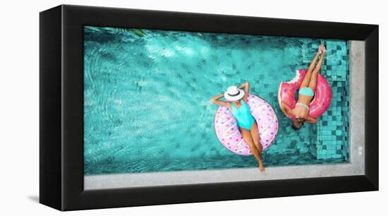 Two People (Mom and Child) Relaxing on Donut Lilo in the Pool at Private Villa. Summer Holiday Idyl-Alena Ozerova-Framed Premier Image Canvas