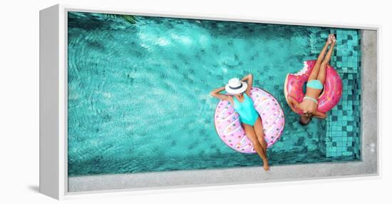 Two People (Mom and Child) Relaxing on Donut Lilo in the Pool at Private Villa. Summer Holiday Idyl-Alena Ozerova-Framed Premier Image Canvas