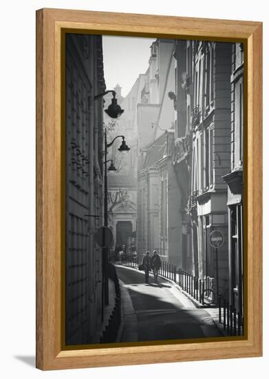 Two People Walking Up Sunny Side Street Near St Michel Notre Dame in Paris, France-Robert Such-Framed Premier Image Canvas