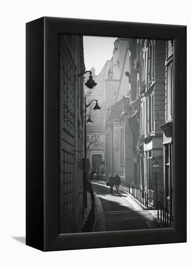 Two People Walking Up Sunny Side Street Near St Michel Notre Dame in Paris, France-Robert Such-Framed Premier Image Canvas