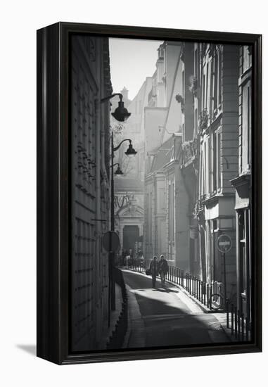 Two People Walking Up Sunny Side Street Near St Michel Notre Dame in Paris, France-Robert Such-Framed Premier Image Canvas