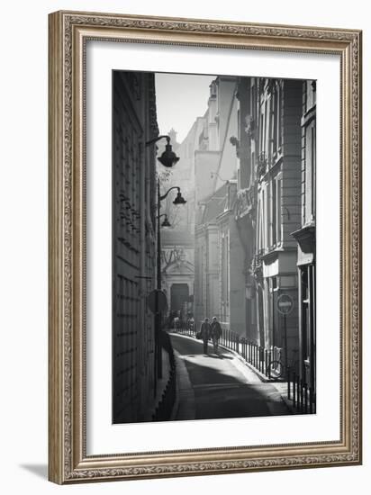 Two People Walking Up Sunny Side Street Near St Michel Notre Dame in Paris, France-Robert Such-Framed Photographic Print