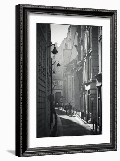 Two People Walking Up Sunny Side Street Near St Michel Notre Dame in Paris, France-Robert Such-Framed Photographic Print