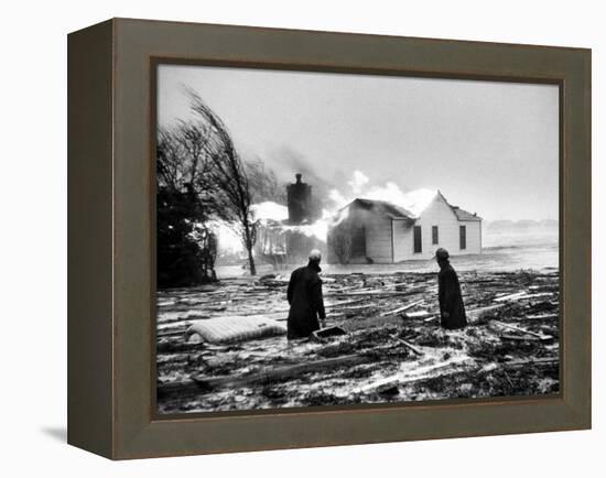 Two People Watching House Burn in Aftermath of Hurricane Hazel-Hank Walker-Framed Premier Image Canvas