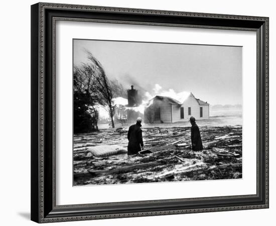 Two People Watching House Burn in Aftermath of Hurricane Hazel-Hank Walker-Framed Photographic Print