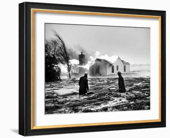 Two People Watching House Burn in Aftermath of Hurricane Hazel-Hank Walker-Framed Photographic Print