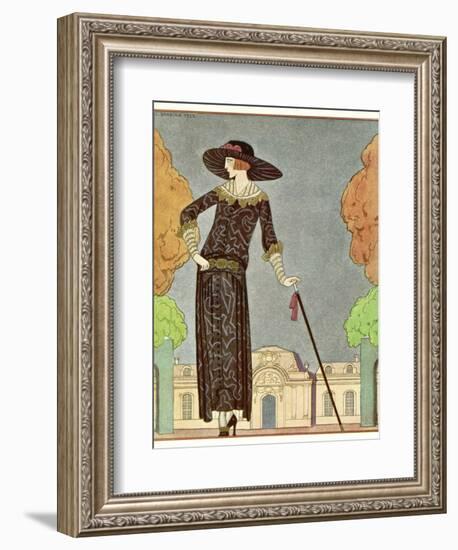 Two-Piece Barrel-Line Dress by Beer with Button Front Deep Cuffs En Bouffants Vandyked Collar-Georges Barbier-Framed Photographic Print