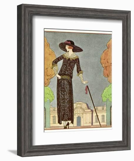 Two-Piece Barrel-Line Dress by Beer with Button Front Deep Cuffs En Bouffants Vandyked Collar-Georges Barbier-Framed Photographic Print