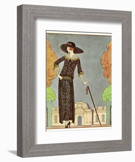 Two-Piece Barrel-Line Dress by Beer with Button Front Deep Cuffs En Bouffants Vandyked Collar-Georges Barbier-Framed Photographic Print