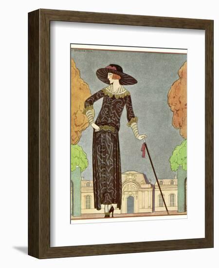 Two-Piece Barrel-Line Dress by Beer with Button Front Deep Cuffs En Bouffants Vandyked Collar-Georges Barbier-Framed Photographic Print