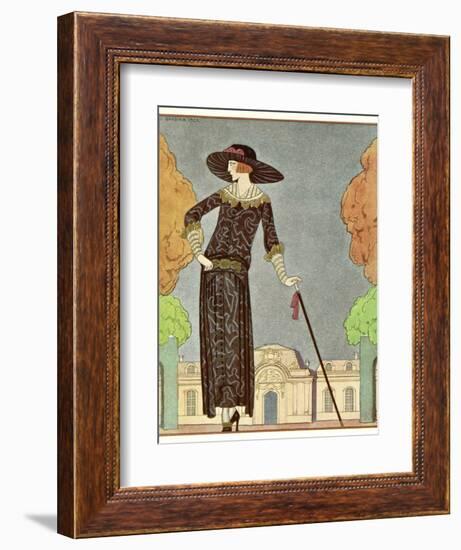 Two-Piece Barrel-Line Dress by Beer with Button Front Deep Cuffs En Bouffants Vandyked Collar-Georges Barbier-Framed Photographic Print