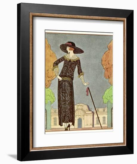 Two-Piece Barrel-Line Dress by Beer with Button Front Deep Cuffs En Bouffants Vandyked Collar-Georges Barbier-Framed Photographic Print