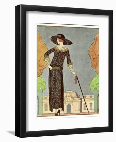 Two-Piece Barrel-Line Dress by Beer with Button Front Deep Cuffs En Bouffants Vandyked Collar-Georges Barbier-Framed Photographic Print