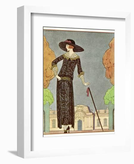 Two-Piece Barrel-Line Dress by Beer with Button Front Deep Cuffs En Bouffants Vandyked Collar-Georges Barbier-Framed Photographic Print