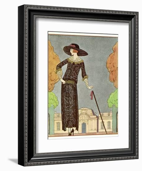 Two-Piece Barrel-Line Dress by Beer with Button Front Deep Cuffs En Bouffants Vandyked Collar-Georges Barbier-Framed Photographic Print