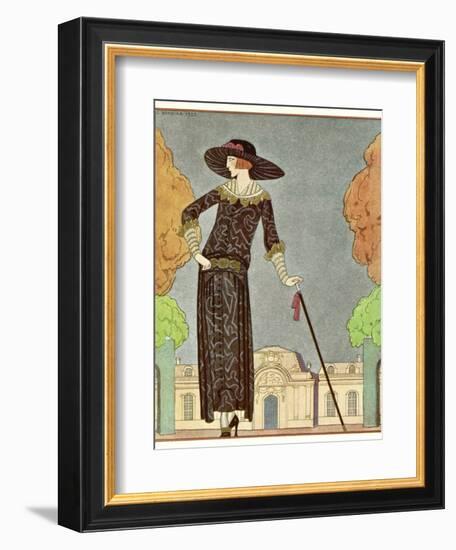 Two-Piece Barrel-Line Dress by Beer with Button Front Deep Cuffs En Bouffants Vandyked Collar-Georges Barbier-Framed Photographic Print